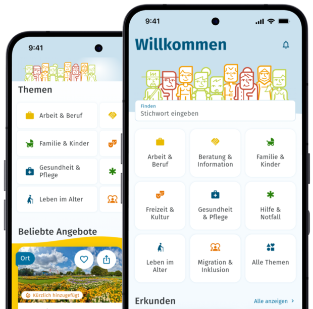 Zwei nebeneinander abgebildete Smartphones, die die Familien-App zeigen